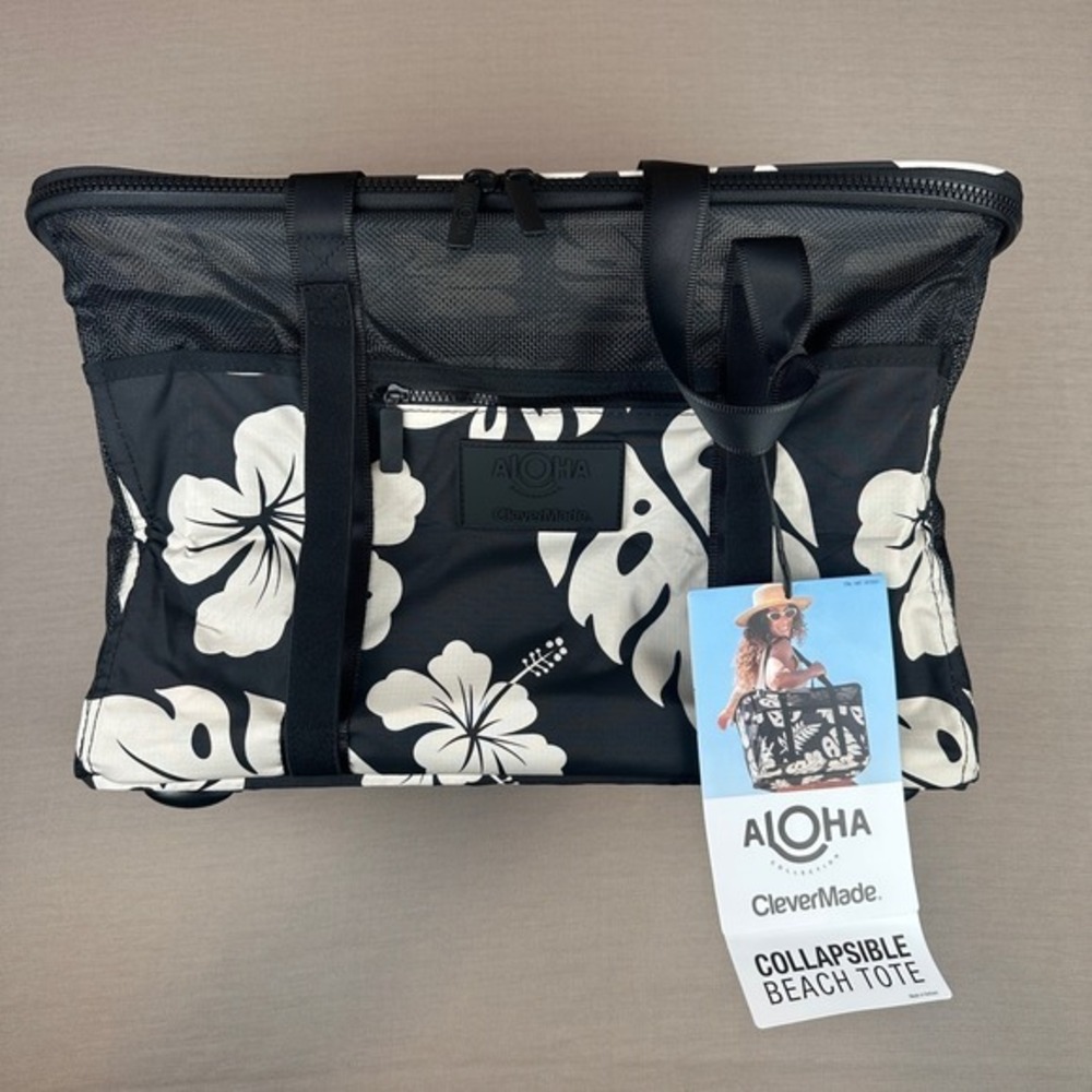 NEW Aloha Collection CleverMade Collapsible Beach Tote Bag - Floral Black